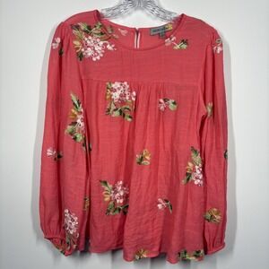 Figueroa and Flower Womens Floral Embroidered Top Size S Coral Pink Cottagecore